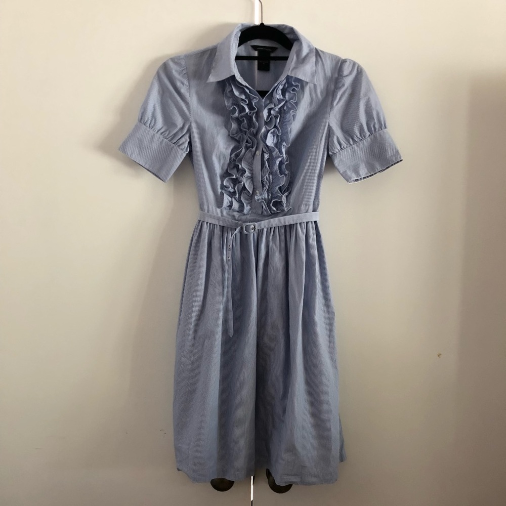 Seersucker Blue Pin Stripe Ruffle Short Dress